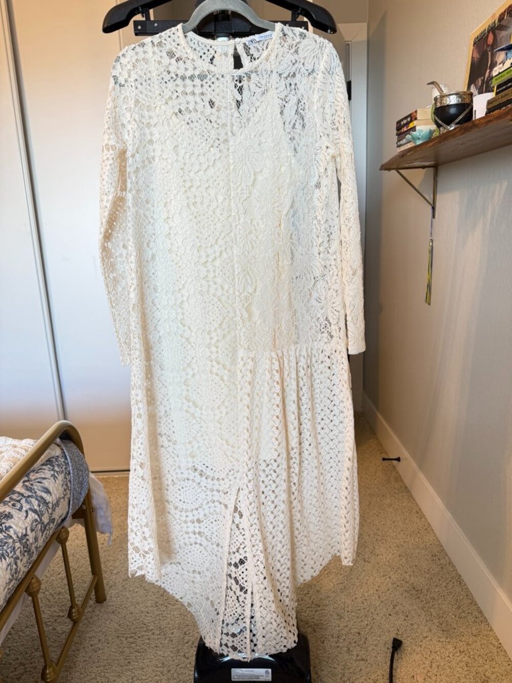ZARA Ivory Mixed Lace Long Sleeve Maxi Dress Size M Romantic Bridal